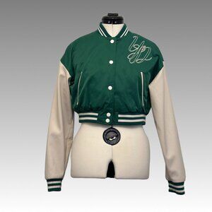 FOREVER 21 Jacket Cropped Varsity Letterman Baseball Bomber Sports Green Ivory S